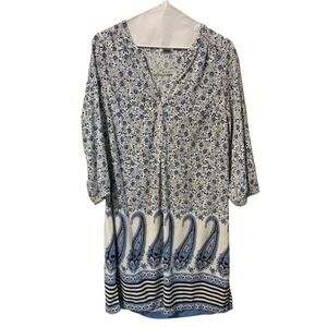 Old Navy Womens Blue White Floral Paisley Tunic Shift Dress 3/4 Sleeve Medium